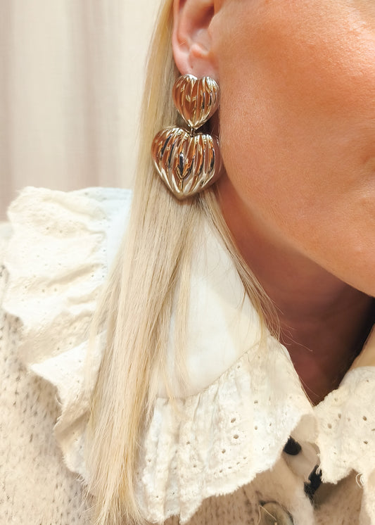 Boucles d’oreilles double cœurs striés en argent, pièce forte, look romantique