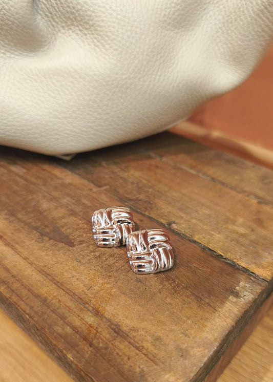 Boucles d'oreilles puce carré argenté en acier inoxydable effet tressé 